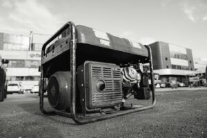 Homeowner checking appliance wattage labels beside a portable generator and a handwritten load worksheet.